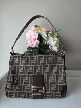 Fendi Brown Monogram Canvas Shoulder Bag with Silver Buckle